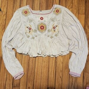 Free People Claudine Cropped Embroidered Peasant Blouse in cream pink yellow